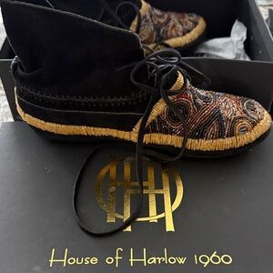 House of Harlow 1960 Mallory black beaded moccasins, size 7